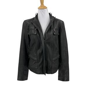 Andrew Marc Jacket Womens Medium Black Leather Cotton Lined Full Zip Pocket Moto